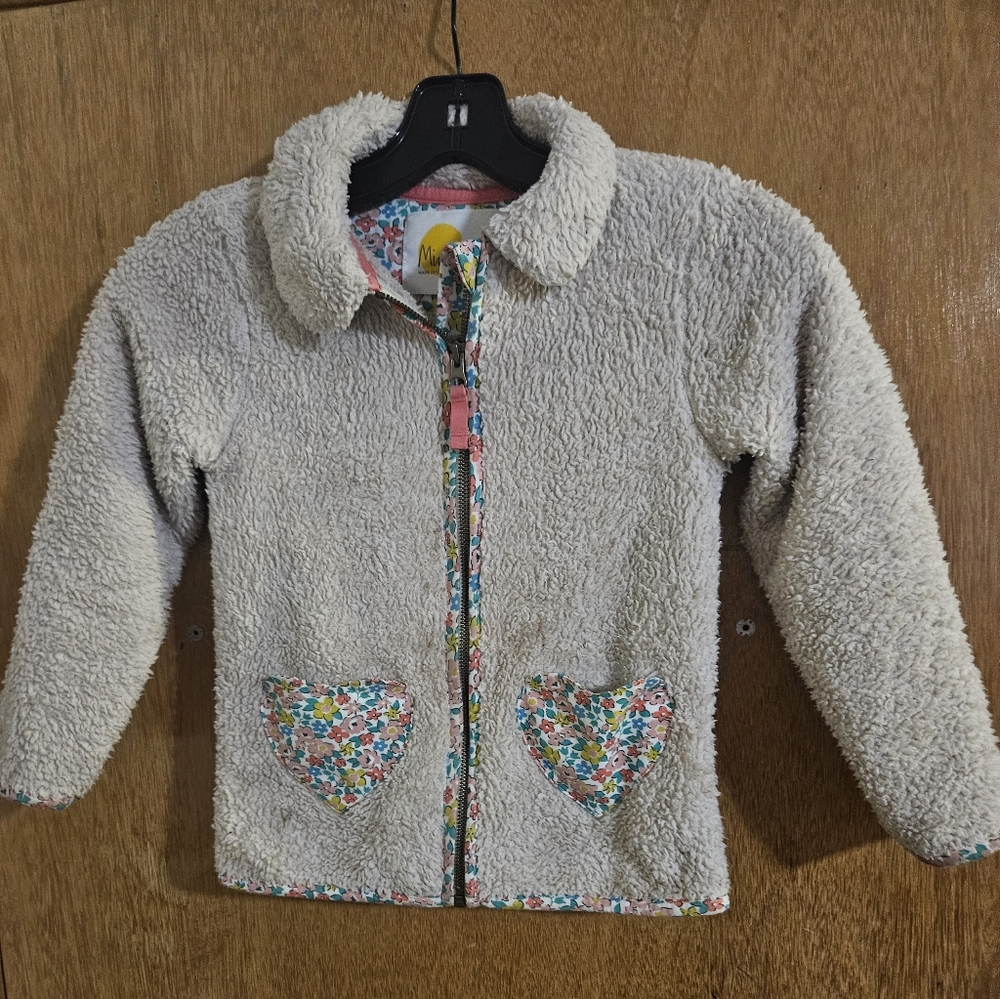 Mini Boden Cream Sherpa Jacket with Floral Trim